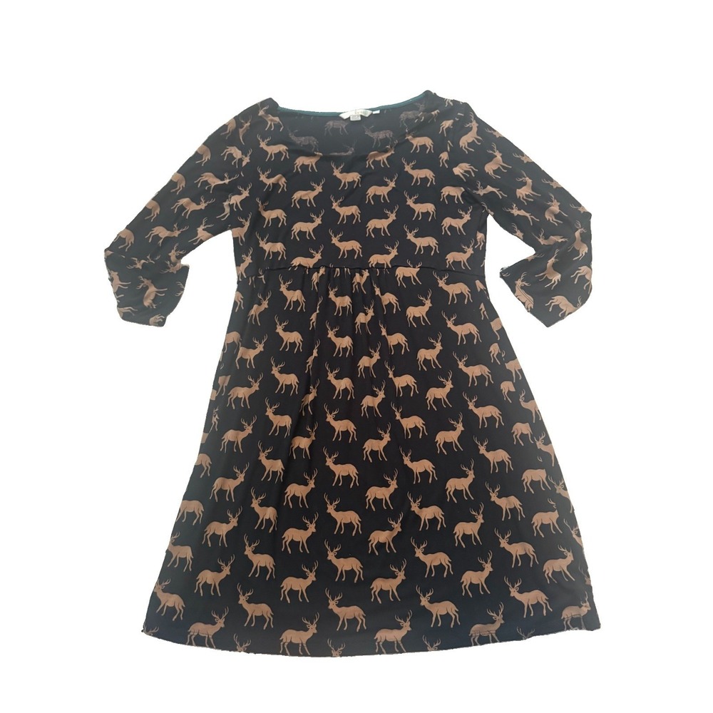 Boden Dress Womens 10R Oh Deer Print Pockets Midi Relaxed Fit Spring 3/4 Sleeve